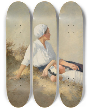 Triptych art skateboard deck of Hermann Seeger Mutter Und Tochter Am Strand by Hermann Seeger (1857-1945)