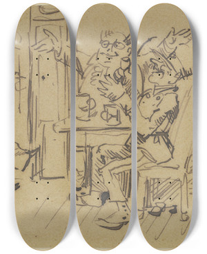 Triptych art skateboard deck of Wilhelm Busch Herr Knopp Wird Im Wirtshaus Begrt by Wilhelm Busch (1832-1908)