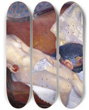 Triptych art skateboard deck of William James Glackens Nude With Apple by William James Glackens (1870-1938)