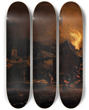 Triptych art skateboard deck of Egbert Lievensz Van Der Poel A Fire In A Dutch Village by Egbert Lievensz van der Poel (1621-1664)