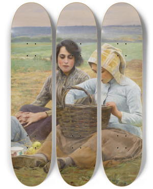 Triptych art skateboard deck of Charles Sprague Pearce Lunch Break In The Fields by Charles Sprague Pearce (1851-1914)