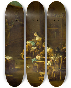 Triptych art skateboard deck of Alessandro Magnasco Nuns At Work by Alessandro Magnasco (1667-1749)