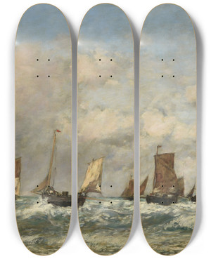 Triptych art skateboard deck of Eugne Boudin Berck Le Dpart Des Barques by Eugene Boudin (1824-1898)