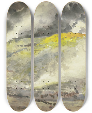 Triptych art skateboard deck of Fritz Hauck Papandajan Auf Java by Fritz Hauck (1852-1909)