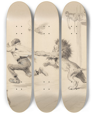 Triptych art skateboard deck of Arthur Burdett Frost Lion Attack by Arthur Burdett Frost (1851-1928)
