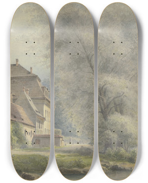 Triptych art skateboard deck of Friedrich Ernst Morgenstern Janowitz Castle by Friedrich Ernst Morgenstern (1853-1919)