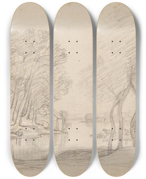 Triptych art skateboard deck of Nicolas Louis Cabat Paysage by Nicolas Louis Cabat (1812-1893)