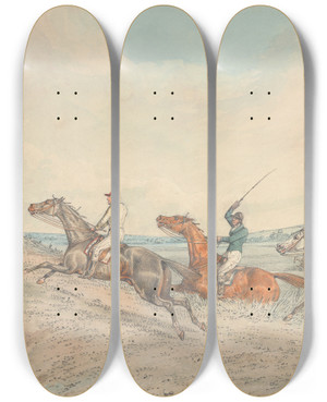 Triptych art skateboard deck of Henry Thomas Alken Steeplechasing Three Riders Taking A Brook Spectators On Right by Henry Thomas Alken (1785-1851)