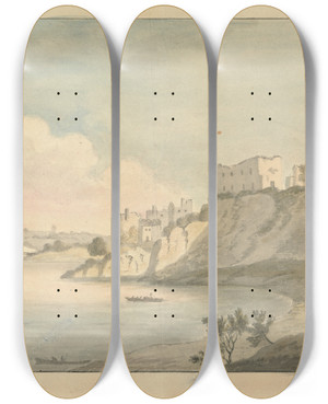Triptych art skateboard deck of Edward Francis Burney Chepstow Castle by Edward Francis Burney (1760-1848)