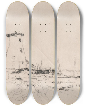 Triptych art skateboard deck of Sir Frank Short Langston Mill by Sir Frank Short (1857-1945)