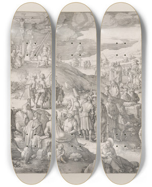 Triptych art skateboard deck of Lucas Van Leyden Golgotha by Lucas Van Leyden (1494-1533)