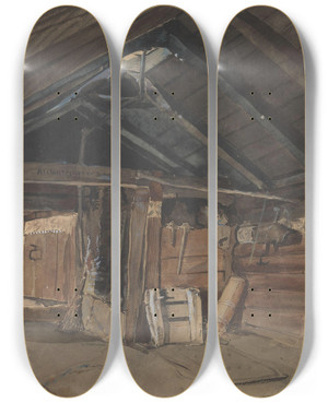 Triptych art skateboard deck of Adolph Tidemand Rkstue Kvam Prestegrd Viky by Adolph Tidemand (1814-1876)