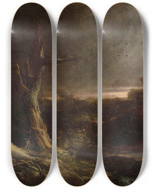 Triptych art skateboard deck of Thomas Cole Tornado In An American Forest by Thomas Cole (1801-1848)