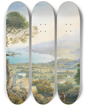Triptych art skateboard deck of Carlo Bossoli Krimlandschaft Mit Meeresbucht by Carlo Bossoli (1815-1884)