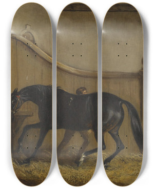 Triptych art skateboard deck of John Ferneley Jr A Dark Bay And A Chestnut Hunterwith A Huntsman Andother Figures In A Stable by John Ferneley Jr