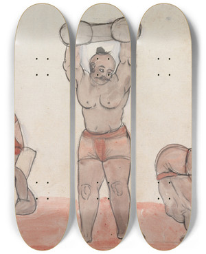 Triptych art skateboard deck of Gangaram Chintaman Tambat Three Jeyties Exercising by Gangaram Chintaman Tambat