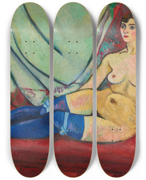 Triptych art skateboard deck of Suzanne Valadon Nu Aux Bas Bleus by Suzanne Valadon (1865-1938)