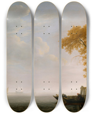 Triptych art skateboard deck of Simon De Vlieger A Calm Sea by Simon de Vlieger (1601-1653)