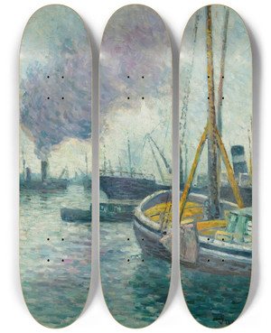 Triptych art skateboard deck of Maximilien Luce Le Port De Rotterdam by Maximilien Luce (1858-1941)