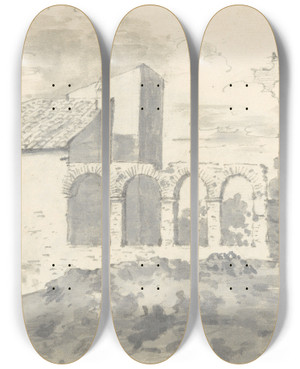 Triptych art skateboard deck of Joseph Wright Of Derby Tile Roofed Building With An Arcade by Joseph Wright Of Derby (1734-1797)