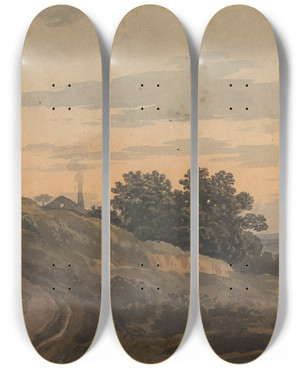 Triptych art skateboard deck of Thomas Sully Hilly Landscape With House Path And Figures by Thomas Sully (1783-1872)
