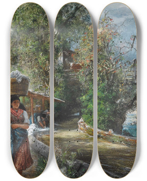 Triptych art skateboard deck of Paul Friedrich Meyerheim Wscherin Im Gebirge by Paul Friedrich Meyerheim (1842-1915)