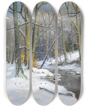 Triptych art skateboard deck of Walter Moras Bachlandschaft Im Winter by Walter Moras (1856-1925)