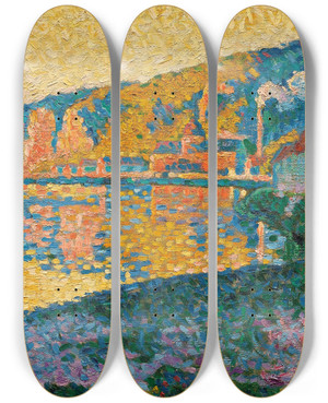 Triptych art skateboard deck of Paul Signac Les Andelys Soleil Couchant by Paul Signac (1863-1935)