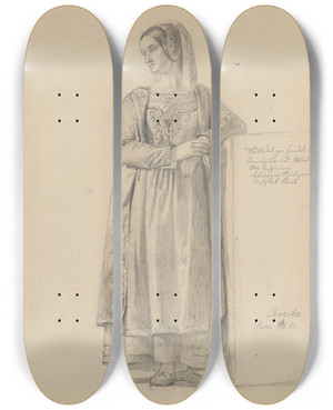 Triptych art skateboard deck of Adolph Tidemand To Stende Kvinner by Adolph Tidemand (1814-1876)
