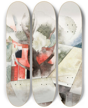 Triptych art skateboard deck of Charles Demuth Rooftops And Fantasy by Charles Demuth (1883-1935)