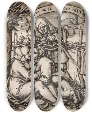 Triptych art skateboard deck of Hans Sebald Beham The Peasants Feast_2 by Hans Sebald Beham