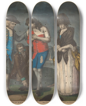Triptych art skateboard deck of John Raphael Smith The Prodigal Son Returns Reclaimd by John Raphael Smith (1752-1812)