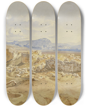 Triptych art skateboard deck of Karl Friedrich Harveng Ruinen Von Tiryns by Karl Friedrich Harveng (1832-1874)