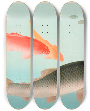 Triptych art skateboard deck of Ohara Koson Common And Golden Carp by Ohara Koson (1877-1945)