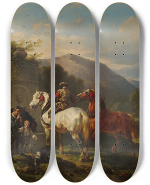 Triptych art skateboard deck of Wouterus Verschuur Watering The Horses by Wouterus Verschuur (1812-1874)