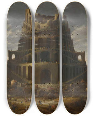 Triptych art skateboard deck of Jan Christiaensz Micker The Tower Of Babel by Jan Christiaensz Micker (1598-1664)