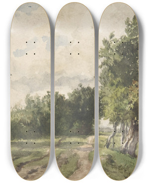 Triptych art skateboard deck of Constant Troyon Landscape by Constant Troyon (1810-1865)