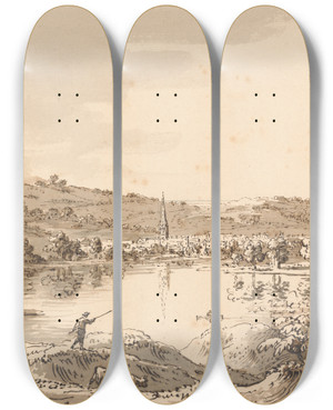 Triptych art skateboard deck of Anthony Devis Village Seen From Across A Lake by Anthony Devis (1729-1816)