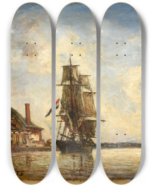 Triptych art skateboard deck of Johan Barthold Jongkind Canal En Hollande_2 by Johan Barthold Jongkind (1819-1891)
