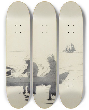 Triptych art skateboard deck of Winslow Homer Two Figures In A Rowboat by Winslow Homer (1836-1910)