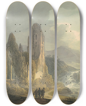 Triptych art skateboard deck of William Payne A Ruined Abbey By A Waterfall by William Payne (1760-1830)