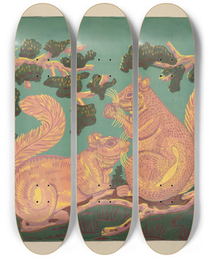 Triptych art skateboard deck of Isabella Ruth Doerfler Bandbox Design Squirrels by Isabella Ruth Doerfler