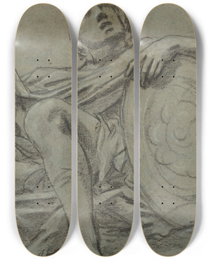Triptych art skateboard deck of Giacomo Cavedone Seated Warrior Holding A Sword And Shield Recto by Giacomo Cavedone (1577-1660)