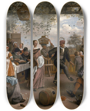 Triptych art skateboard deck of Jan Steen The Dancing Couple by Jan Steen (1626-1679)