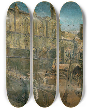 Triptych art skateboard deck of Francesc Gimeno Plaza Del Rey by Francesc Gimeno (1858-1927)