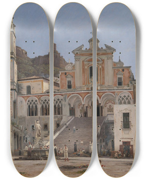 Triptych art skateboard deck of Martinus Rrbye View Of The Square In Amalfi by Martinus Rorbye (1803-1848)