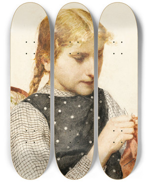 Triptych art skateboard deck of Albert Anker Strickendes Mdchen by Albert Anker (1831-1910)