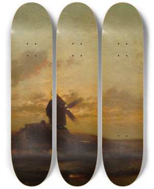 Triptych art skateboard deck of Jules Dupr The Windmill by Jules Dupre (1811-1889)