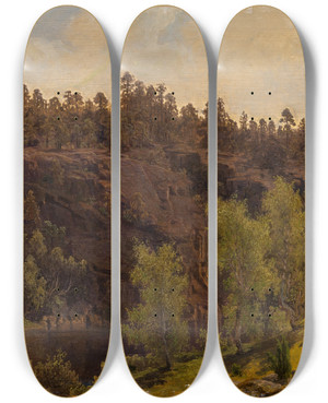 Triptych art skateboard deck of Marcus Larson Woodland Pool In Sunshine by Marcus Larson (1825-1864)