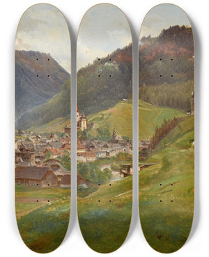 Triptych art skateboard deck of Friedrich Loos Blick Auf Eisenerz by Friedrich Loos (1797-1890)